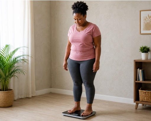 An African woman standing on a weighing scale.